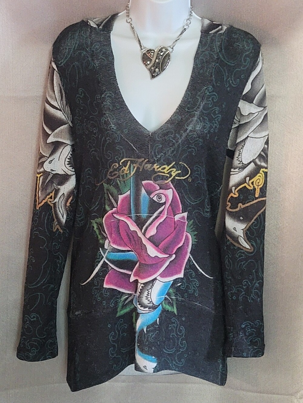 Ed Hardy Black V-Neck Long Sleeve Top with Pink Rose and Teal Dagger